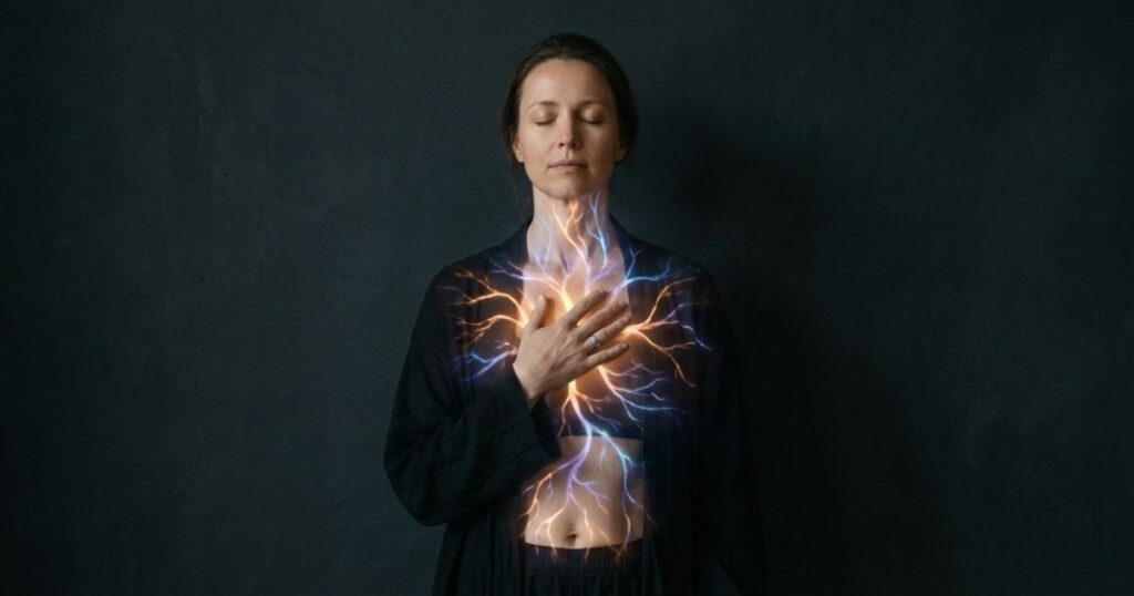 Ilustración artística de dónde se siente la ansiedad en el cuerpo: presión en el pecho y nudo en la garganta