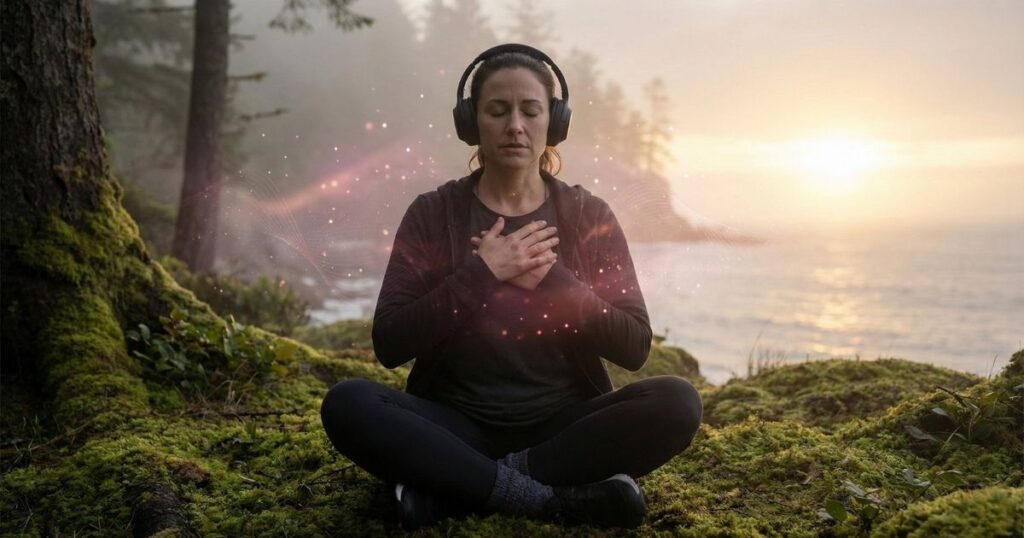 A horizontal, highly detailed and spiritual lifestyle photograph capturing the somatic effect of sound healing. A woman in her 30s is sitting in a meditative posture in a quiet, misty forest or by the ocean at twilight. She is wearing wireless headphones and has both hands pressed gently against her chest (heart center), eyes closed with an expression of deep physical relief. She is humming or deeply listening, feeling the vibration. The air around her seems to shimmer with subtle particles of light, visualizing the "Pink Noise" or "Binaural Frequencies" regulating her nervous system. The aesthetic is mystical, grounding, and deeply healing. 8k resolution, cinematic lighting.