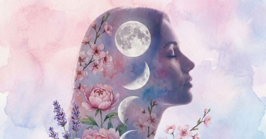 Ansiedad en Mujeres: Entendiendo y Sanando la Carga Invisible Composición artística que relaciona los ciclos lunares y naturales con la salud mental femenina.