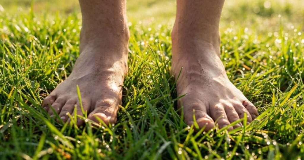 Pies descalzos sobre el pasto representando la técnica de grounding para reducir la ansiedad.